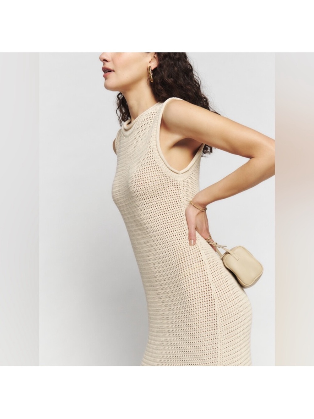Sleeveless Crochet Knit Midi Dress in Cream Nolan knit USA large fit medium too